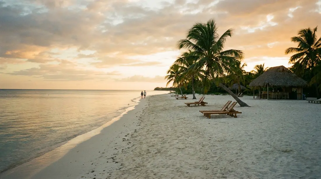 Beach chairs under palms on a calm west-facing beach before sunset