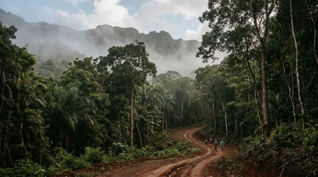 A lush rainforest valley with a red-dirt track