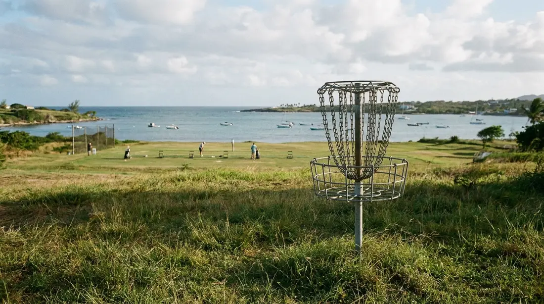 A disc-golf basket on a relaxed seaside course
