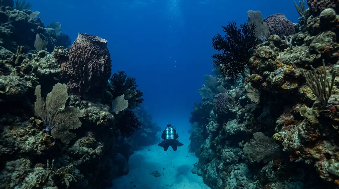 A diver descending between coral canyon walls