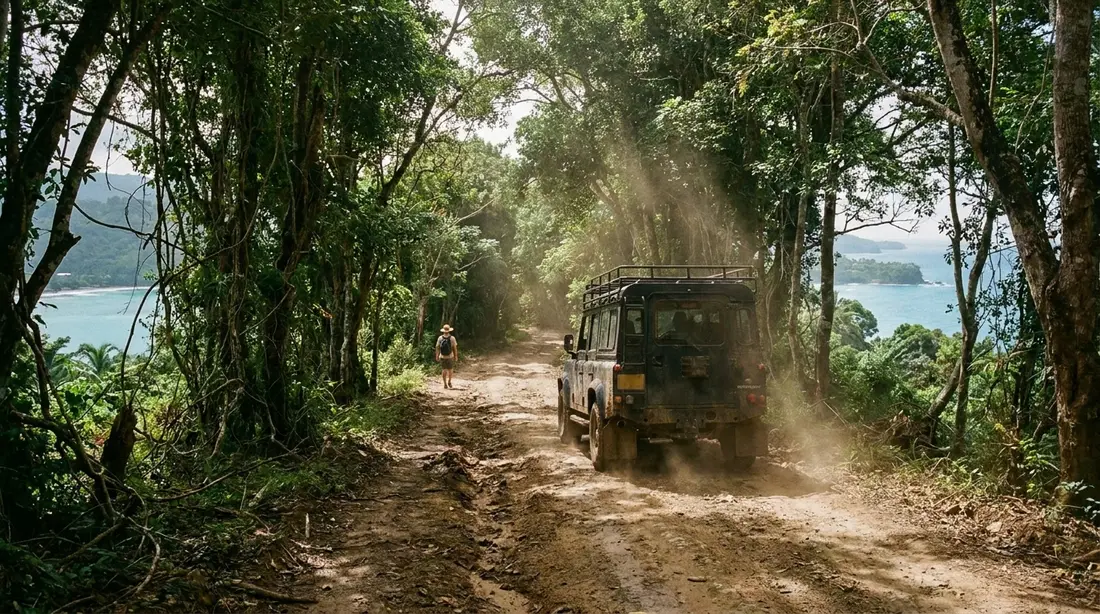 A 4x4 on a rutted ridge road through forest