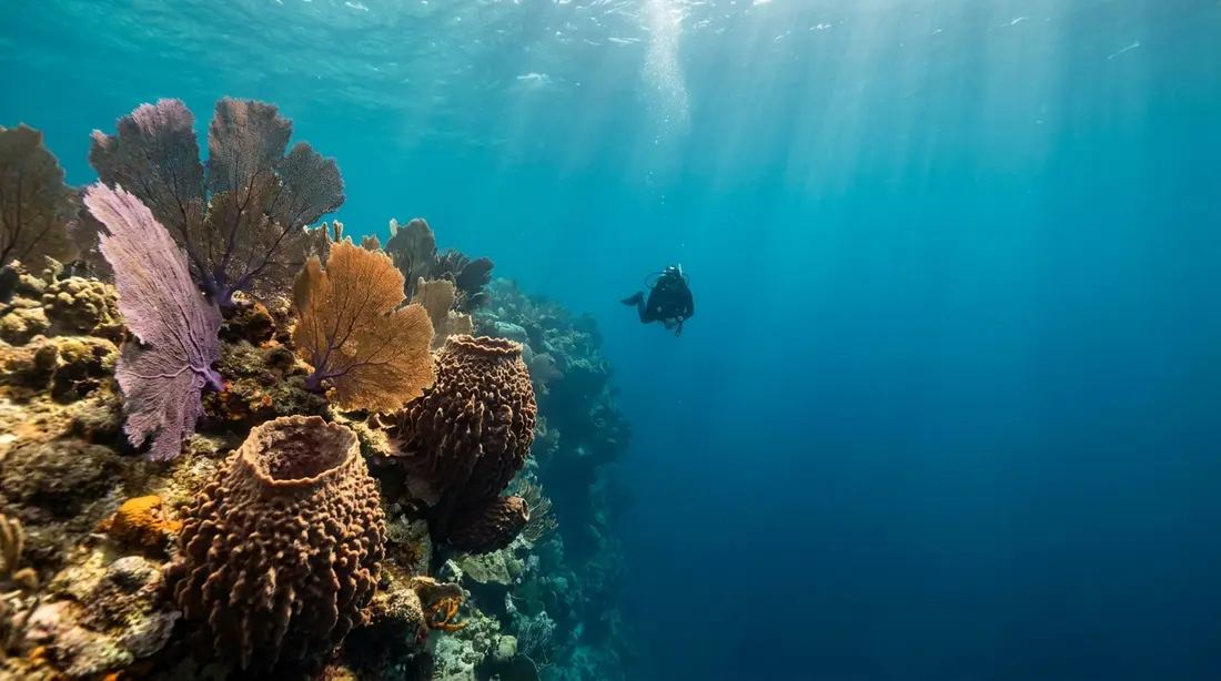 A scuba diver above a coral wall dropping into deep blue