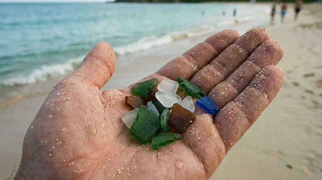A handful of frosted sea glass on a beach