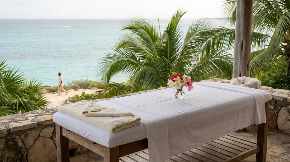 A massage table on a villa terrace overlooking the sea