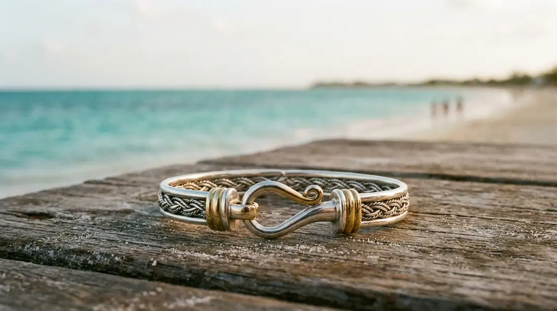 A silver-and-gold hook bracelet on weathered wood