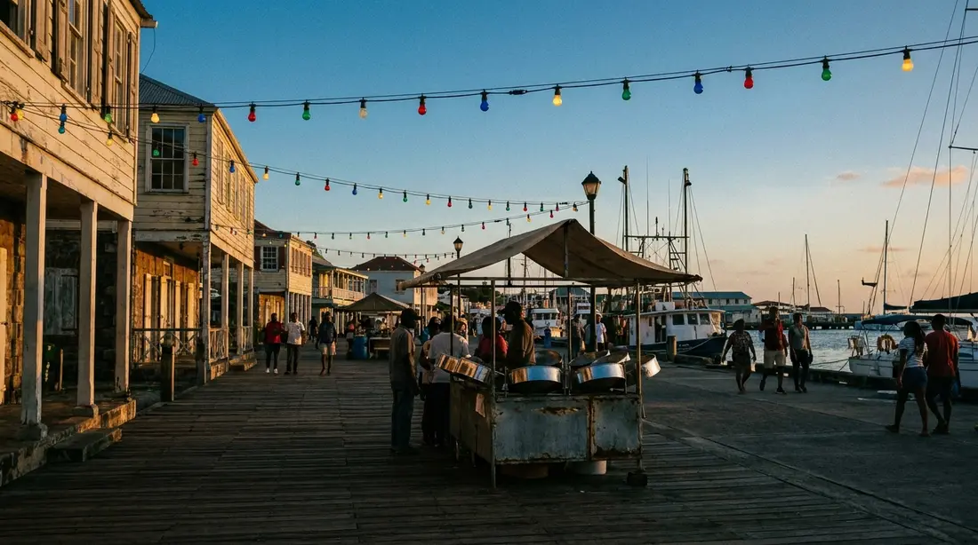 A harbor boardwalk strung with festival lights at dusk