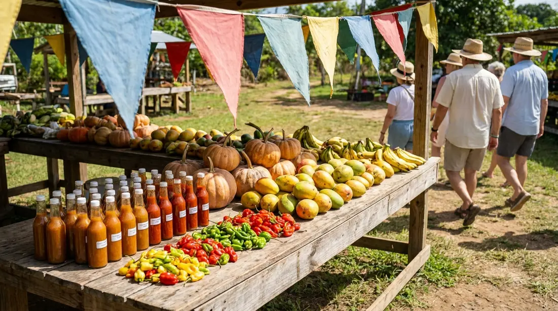 A farm-fair produce stand heaped with island fruit