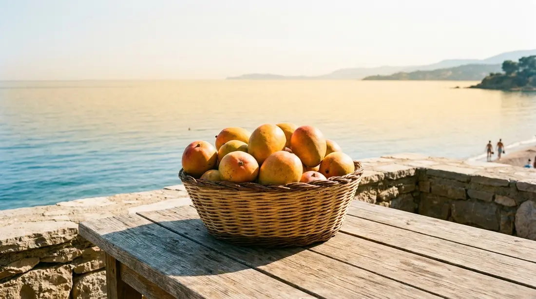 Ripe mangoes on a terrace table above a calm sea