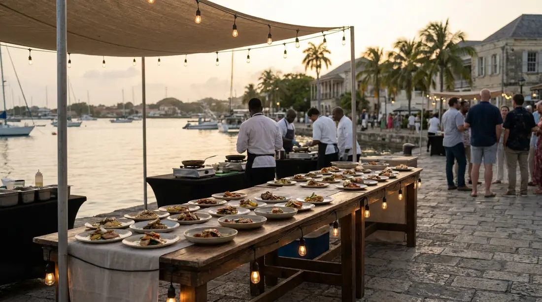An outdoor tasting-event table under string lights at dusk
