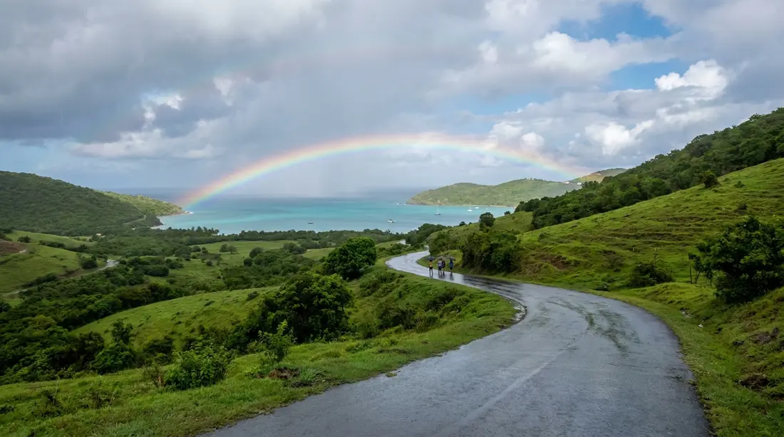A rainbow over a bay after a green-season shower