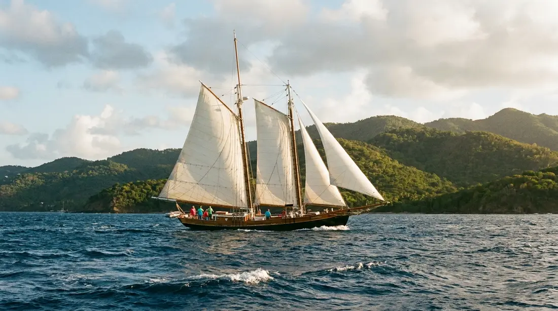 A schooner under sail off a green coast