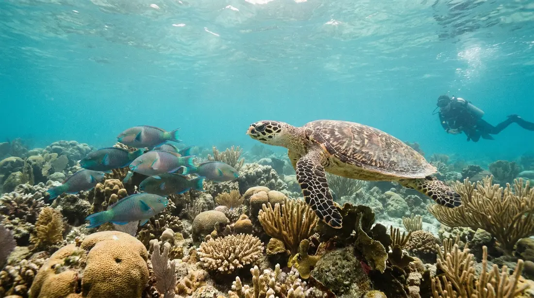 A sea turtle over a warm shallow coral reef