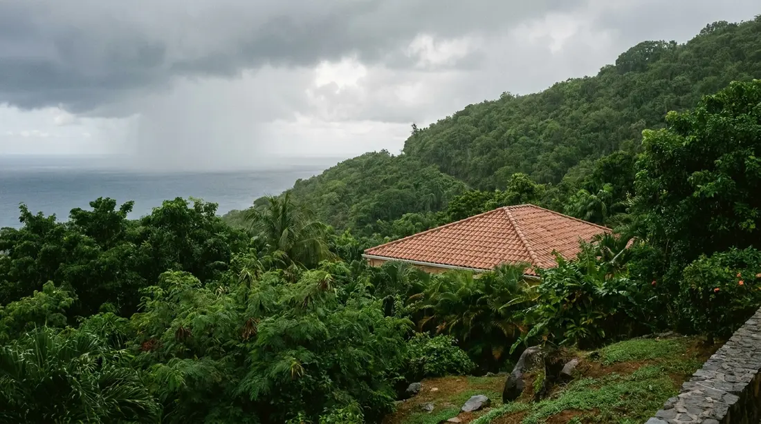 Lush green hills with clouds parting over the sea