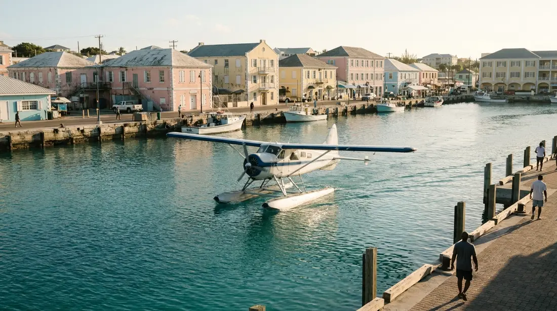 A seaplane on a turquoise harbor