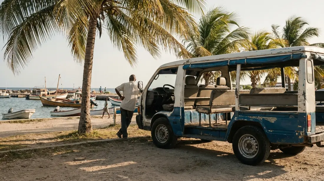 An open-sided island taxi van under palms