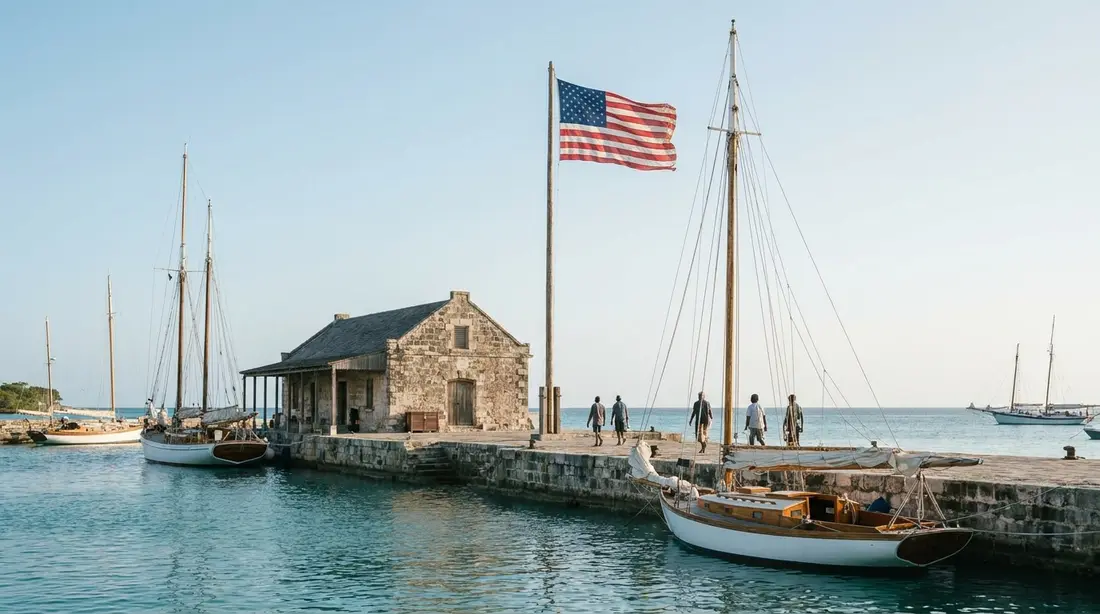 A flagpole above a historic stone wharf