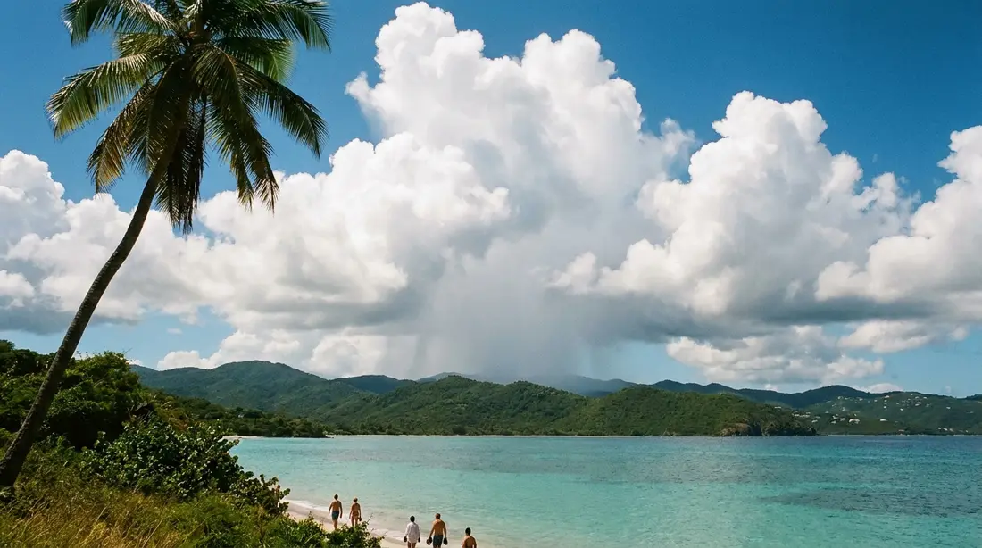 A sunlit bay under towering clouds with distant rain