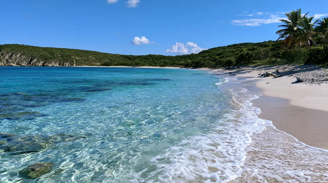 A crescent of white sand and turquoise water between two headlands