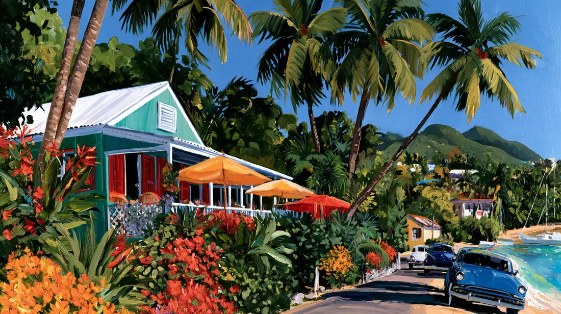 A Caribbean cottage restaurant with orange umbrellas, painted