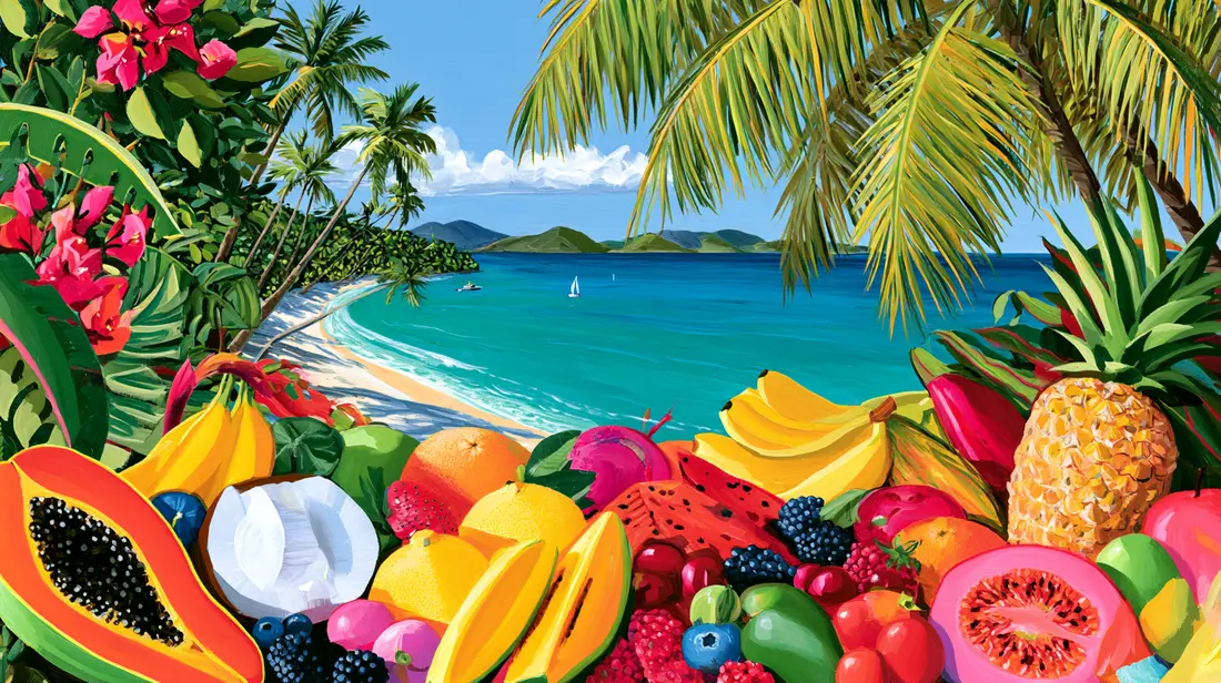 Tropical fruit over a turquoise bay, painted