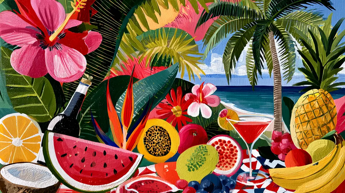 A still life of hibiscus, tropical fruit and a red cocktail, painted