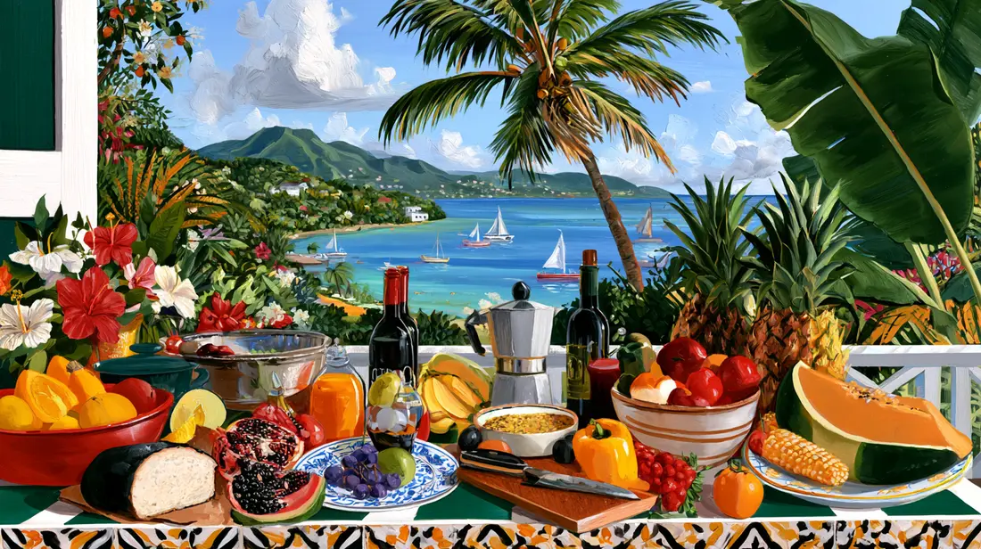 A laden terrace table above a sailboat-dotted bay, painted