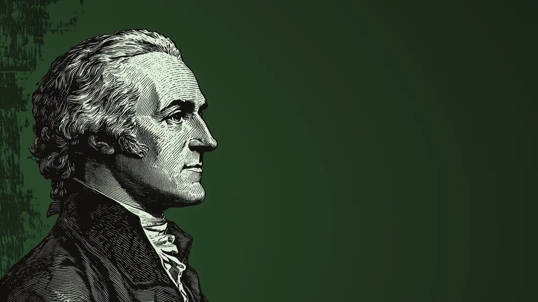An engraving-style portrait of Alexander Hamilton